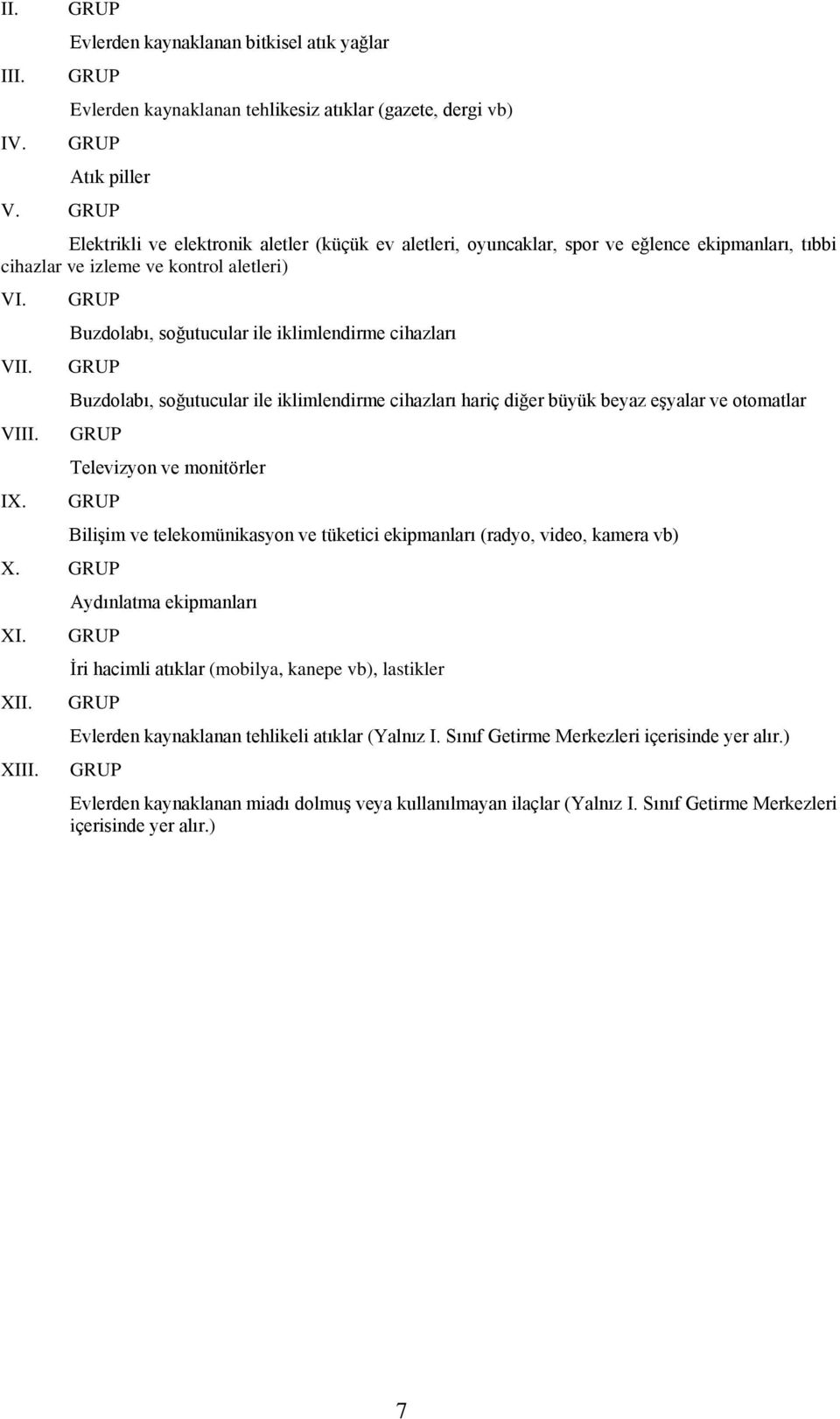 Buzdolabı, soğutucular ile iklimlendirme cihazları Buzdolabı, soğutucular ile iklimlendirme cihazları hariç diğer büyük beyaz eşyalar ve otomatlar Televizyon ve monitörler X. XI. XII. XIII.