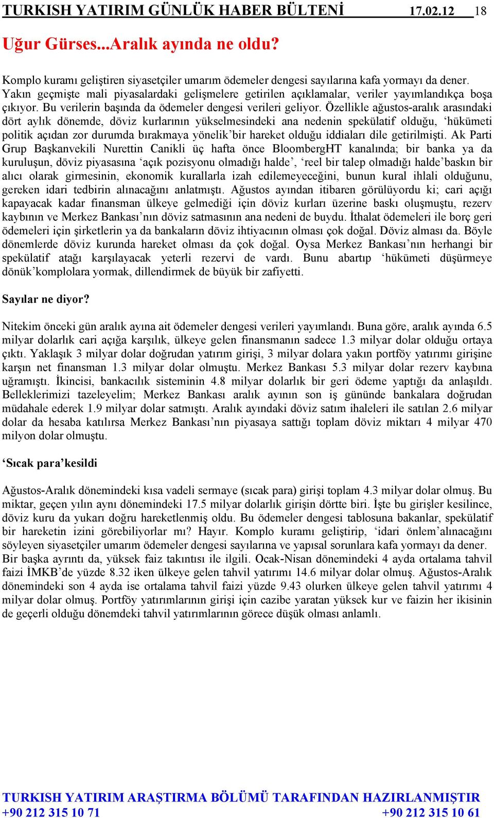 Özellikle ağustos-aralık arasındaki dört aylık dönemde, döviz kurlarının yükselmesindeki ana nedenin spekülatif olduğu, hükümeti politik açıdan zor durumda bırakmaya yönelik bir hareket olduğu