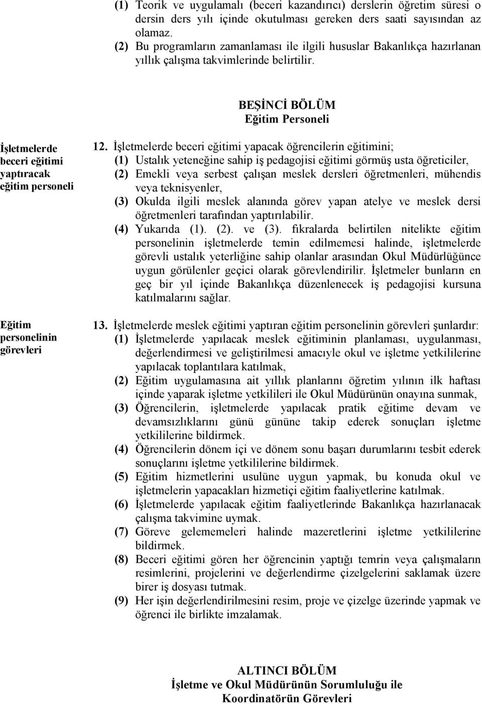 BEŞİNCİ BÖLÜM Eğitim Personeli İşletmelerde beceri eğitimi yaptıracak eğitim personeli Eğitim personelinin görevleri 12.