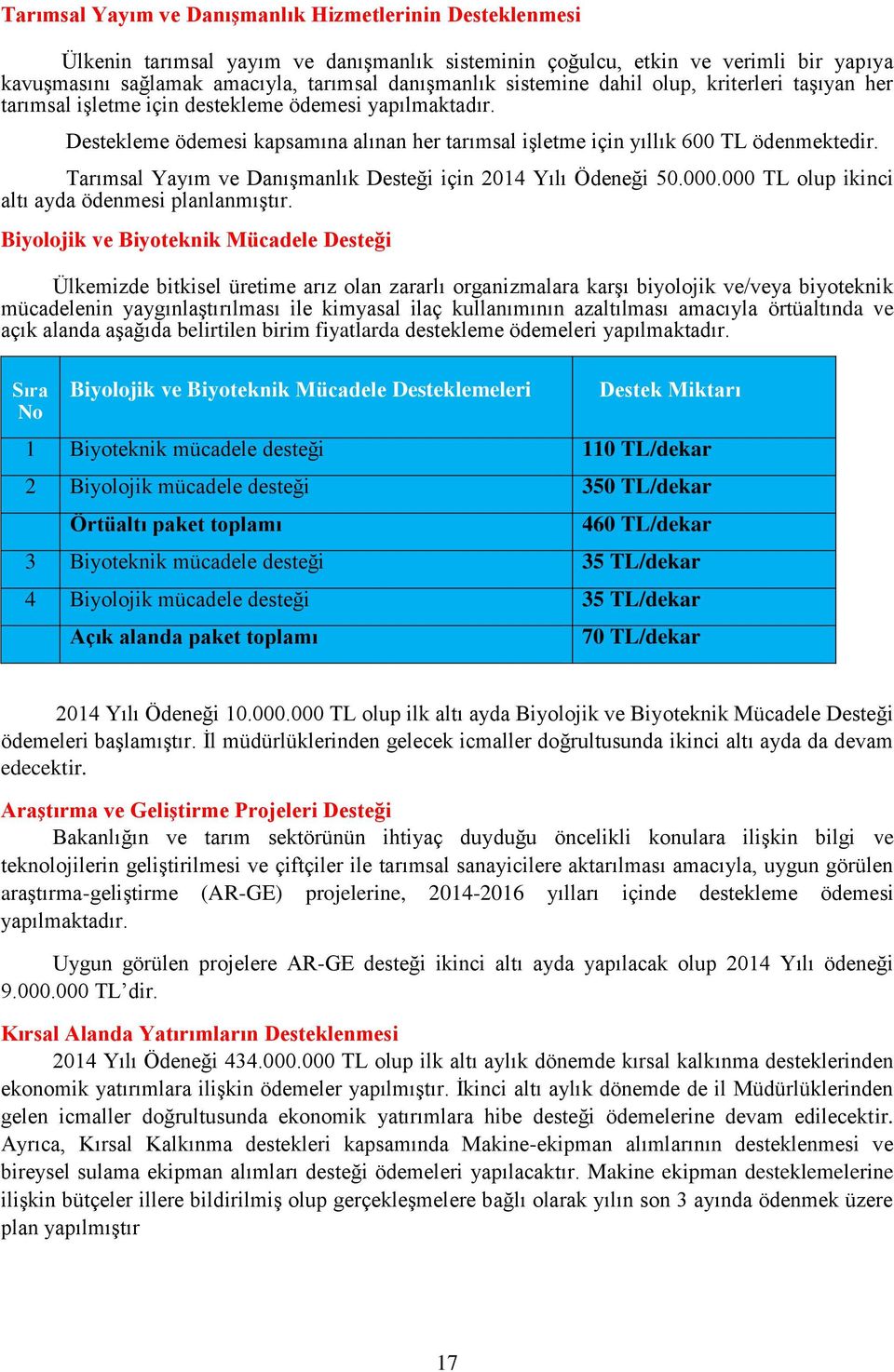 Tarımsal Yayım ve Danışmanlık Desteği için 2014 Yılı Ödeneği 50.000.000 TL olup ikinci altı ayda ödenmesi planlanmıştır.