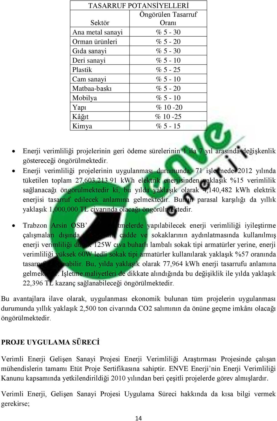 Enerji verimliliği projelerinin uygulanması durumunda; 71 iģletmede 2012 yılında tüketilen toplam 27,603,213.