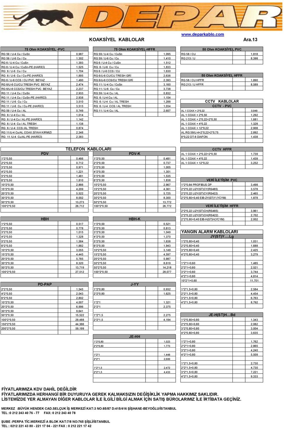 213 / U 8,398 RG 6 / U-4 Cu / CuSn 1,393 RG 6 / U-4 Cu / CuSn 1,512 RG 6 / U-4 Cu / CuSn-PE (HARİCİ) 1,525 RG 6 / U-6 Cu / Cu 1,833 RG 6 / U-6 Cu / Cu 1,704 RG 6 / U-6 CCS / CU 1,630 RG 6 / U-6 Cu /