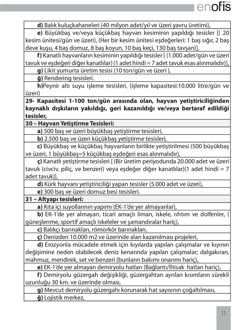 000 adet/gün ve üzeri tavuk ve eşdeğeri diğer kanatlılar) (1 adet hindi = 7 adet tavuk esas alınmalıdır)], g) Likit yumurta üretim tesisi (10 ton/gün ve üzeri ), ğ) Rendering tesisleri.