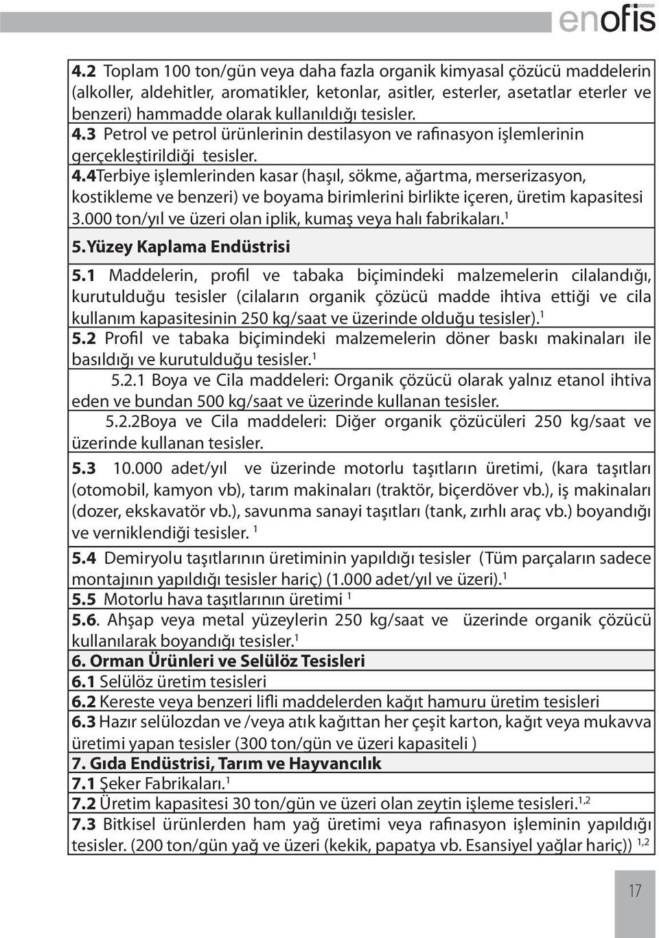 000 ton/yıl ve üzeri olan iplik, kumaş veya halı fabrikaları. 1 5.Yüzey Kaplama Endüstrisi 5.