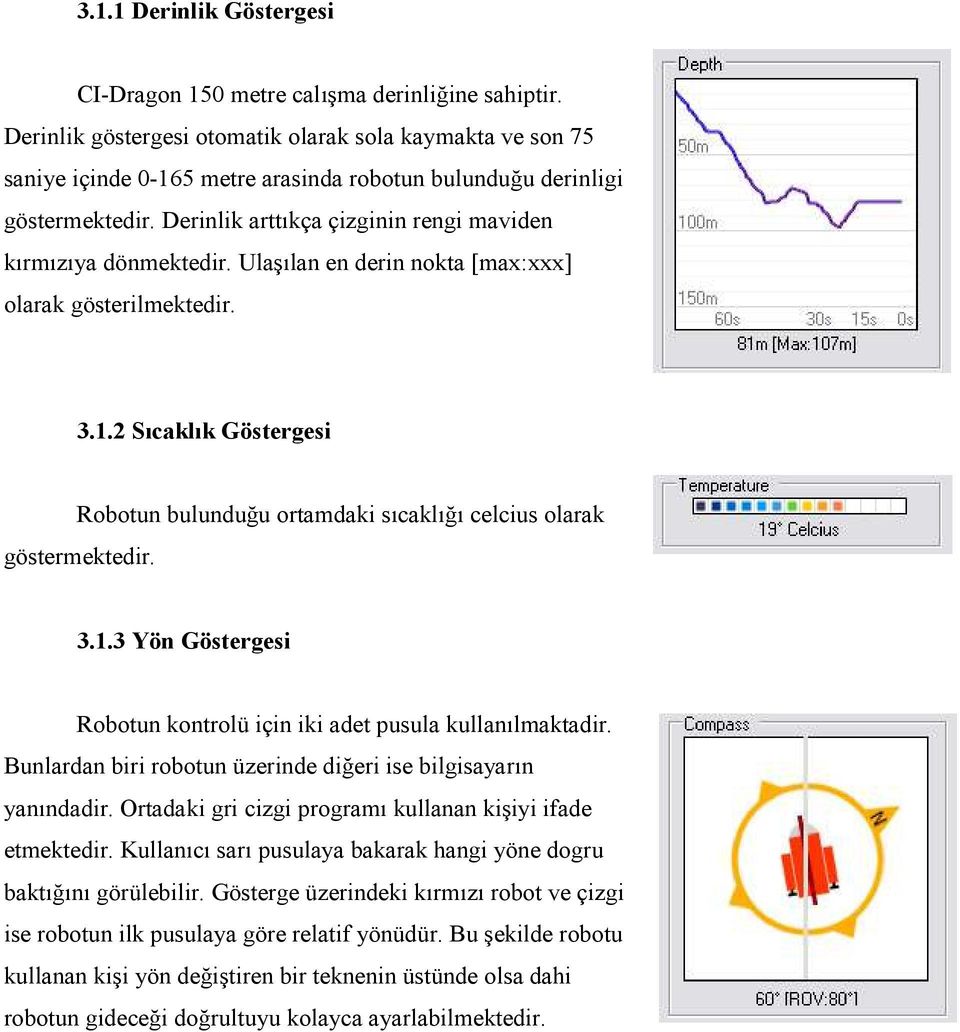 Derinlik arttıkça çizginin rengi maviden kırmızıya dönmektedir. Ulaşılan en derin nokta [max:xxx] olarak gösterilmektedir. 3.1.