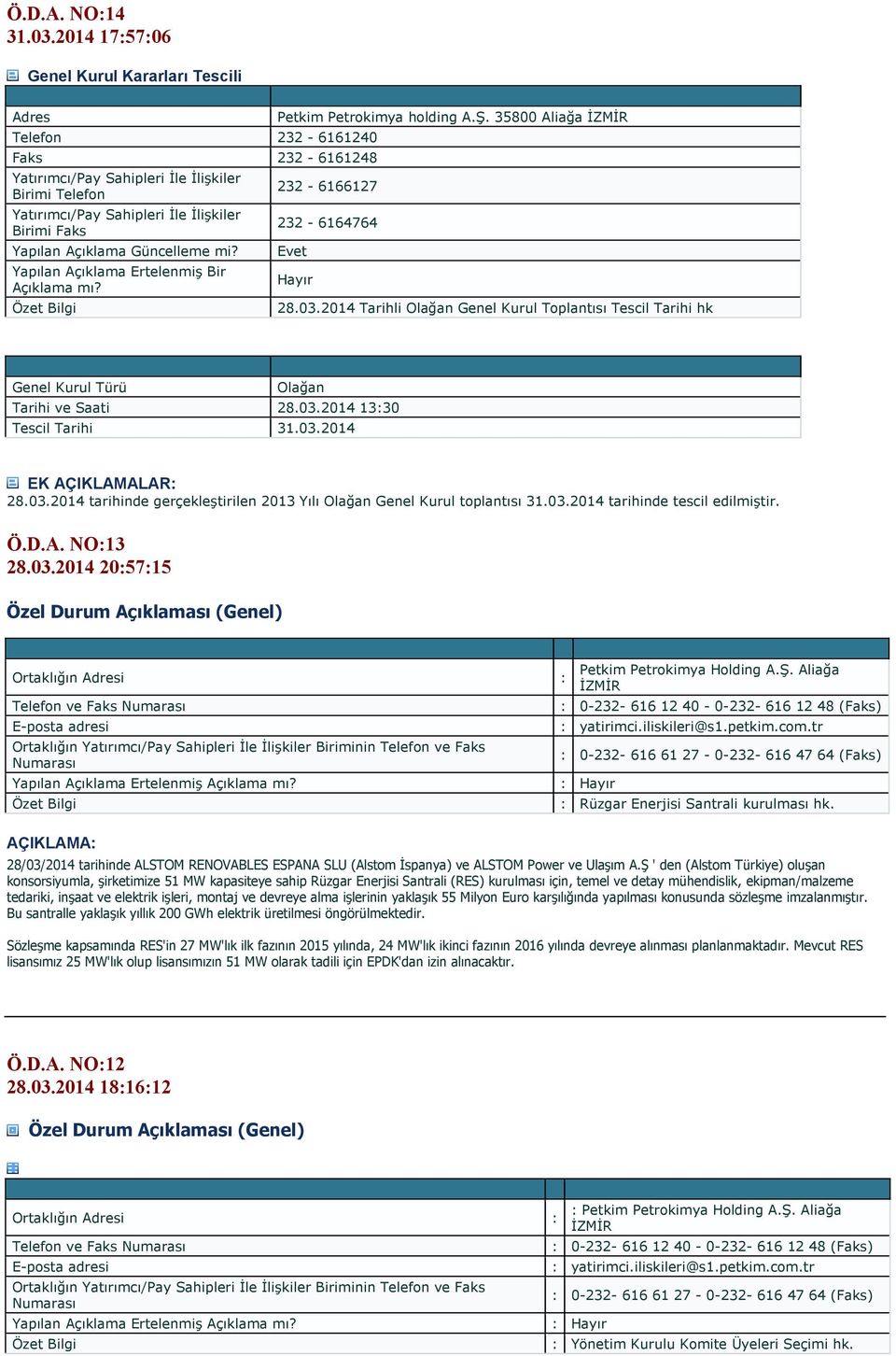 2014 Tarihli Olağan Genel Kurul Toplantısı Tescil Tarihi hk Genel Kurul Türü Olağan Tarihi ve Saati 28.03.2014 1330 Tescil Tarihi 31.03.2014 EK AÇIKLAMALAR 28.03.2014 tarihinde gerçekleştirilen 2013 Yılı Olağan Genel Kurul toplantısı 31.