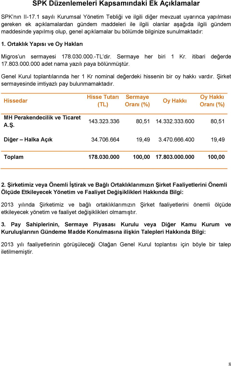 açıklamalar bu bölümde bilginize sunulmaktadır: 1. Ortaklık Yapısı ve Oy Hakları Migros un sermayesi 178.030.000.-TL dir. Sermaye her biri 1 Kr. itibari değerde 17.803.000.000 adet nama yazılı paya bölünmüştür.