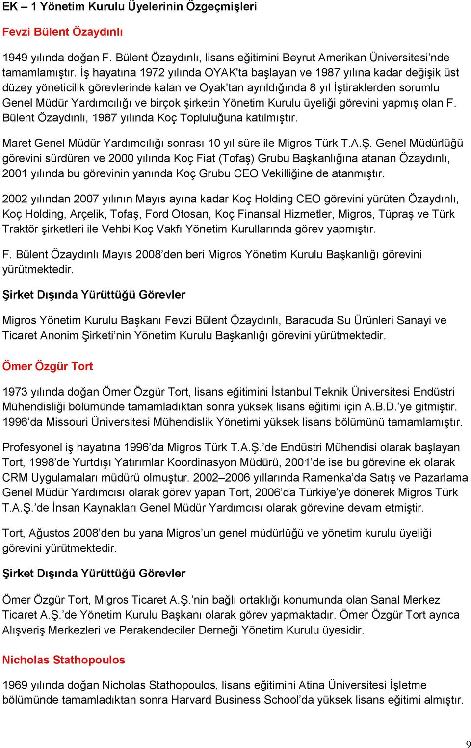 şirketin Yönetim Kurulu üyeliği görevini yapmış olan F. Bülent Özaydınlı, 1987 yılında Koç Topluluğuna katılmıştır. Maret Genel Müdür Yardımcılığı sonrası 10 yıl süre ile Migros Türk T.A.Ş.