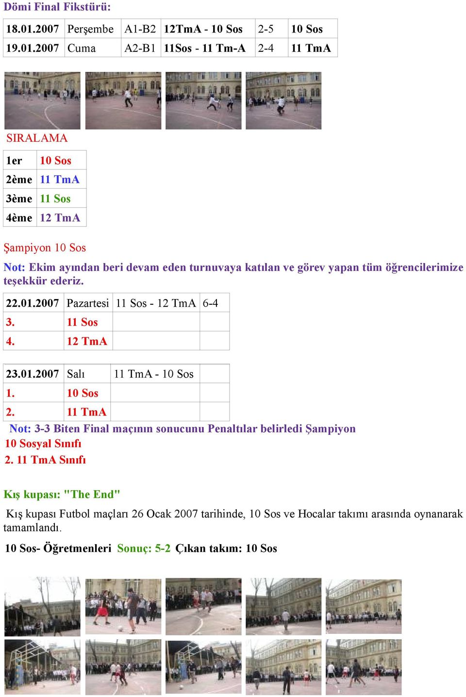 2007 Cuma A2-B1 11Sos - 11 Tm-A 2-4 11 TmA SIRALAMA 1er 10 Sos 2ème 11 TmA 3ème 11 Sos 4ème 12 TmA Şampiyon 10 Sos Not: Ekim ayından beri devam eden turnuvaya katılan ve