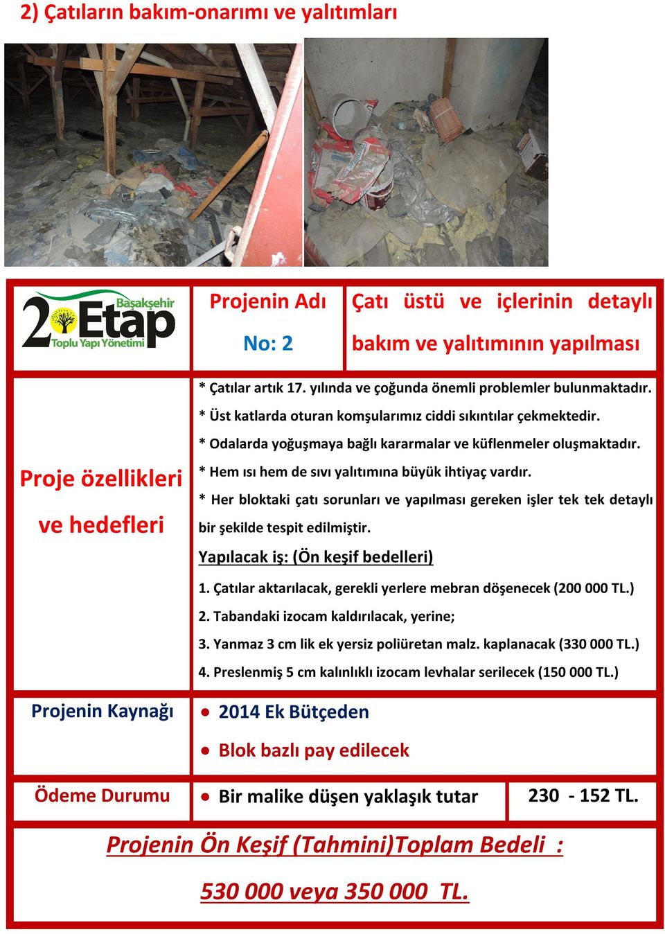 * Hem ısı hem de sıvı yalıtımına büyük ihtiyaç vardır. * Her bloktaki çatı sorunları ve yapılması gereken işler tek tek detaylı bir şekilde tespit edilmiştir. Yapılacak iş: (Ön keşif bedelleri) 1.