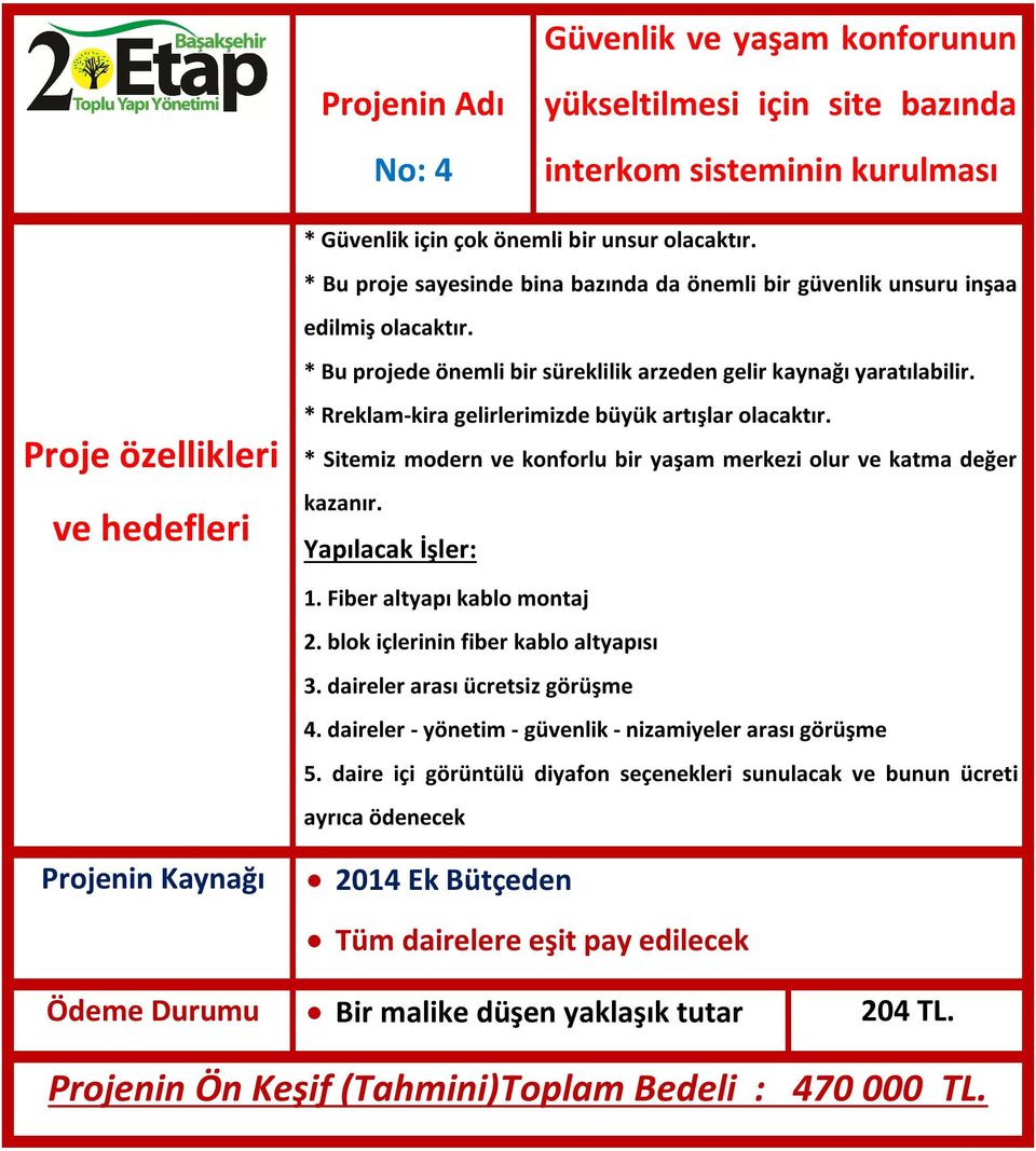 Proje özellikleri ve hedefleri * Rreklam-kira gelirlerimizde büyük artışlar olacaktır. * Sitemiz modern ve konforlu bir yaşam merkezi olur ve katma değer kazanır. Yapılacak İşler: 1.