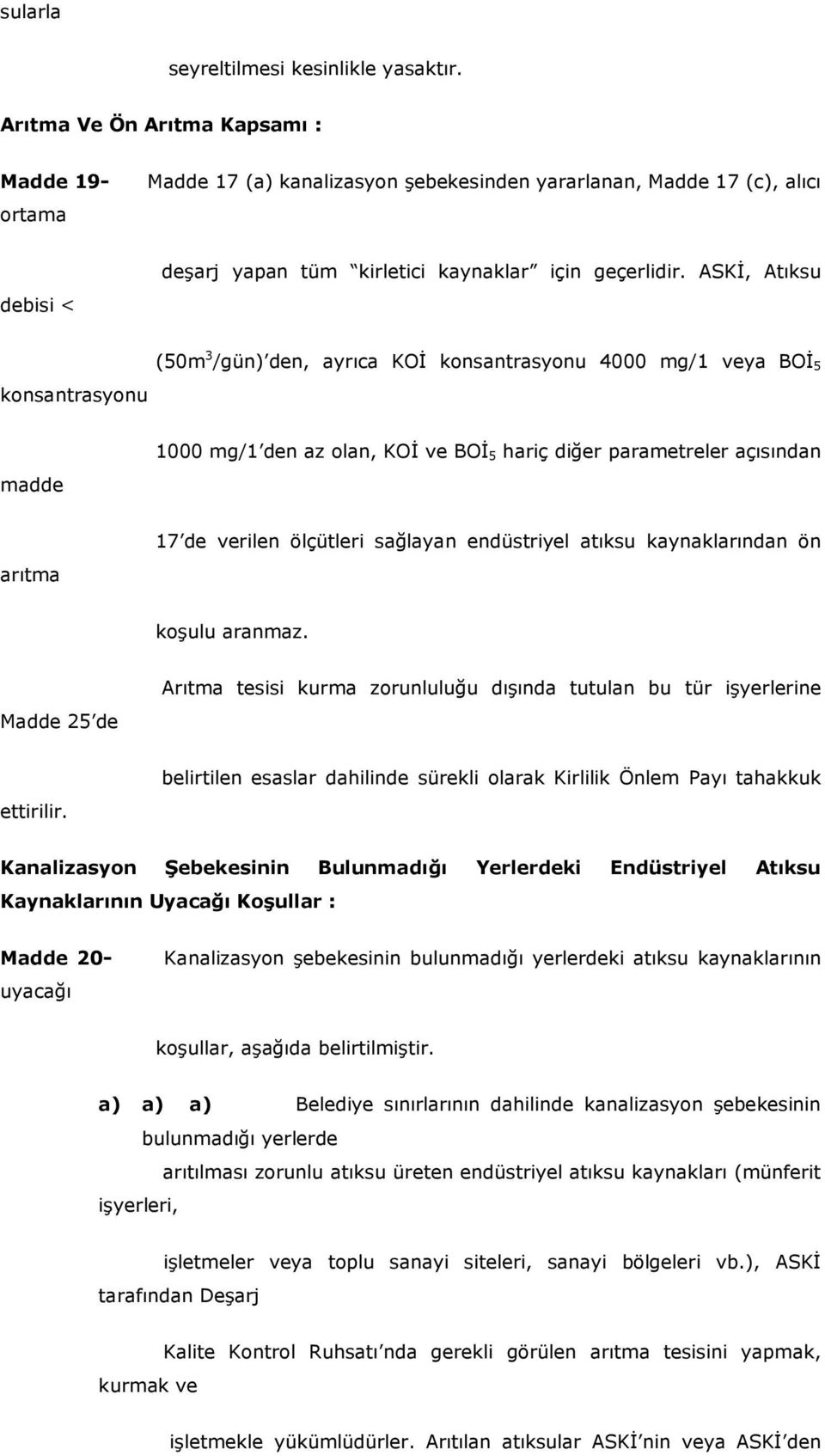 ASKİ, Atıksu konsantrasyonu (50m 3 /gün) den, ayrıca KOİ konsantrasyonu 4000 mg/1 veya BOİ 5 madde 1000 mg/1 den az olan, KOİ ve BOİ 5 hariç diğer parametreler açısından arıtma 17 de verilen