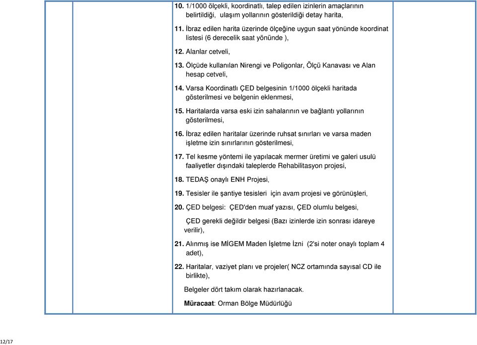 Ölçüde kullanılan Nirengi ve Poligonlar, Ölçü Kanavası ve Alan hesap cetveli, 14. Varsa Koordinatlı ÇED belgesinin 1/1000 ölçekli haritada gösterilmesi ve belgenin eklenmesi, 15.