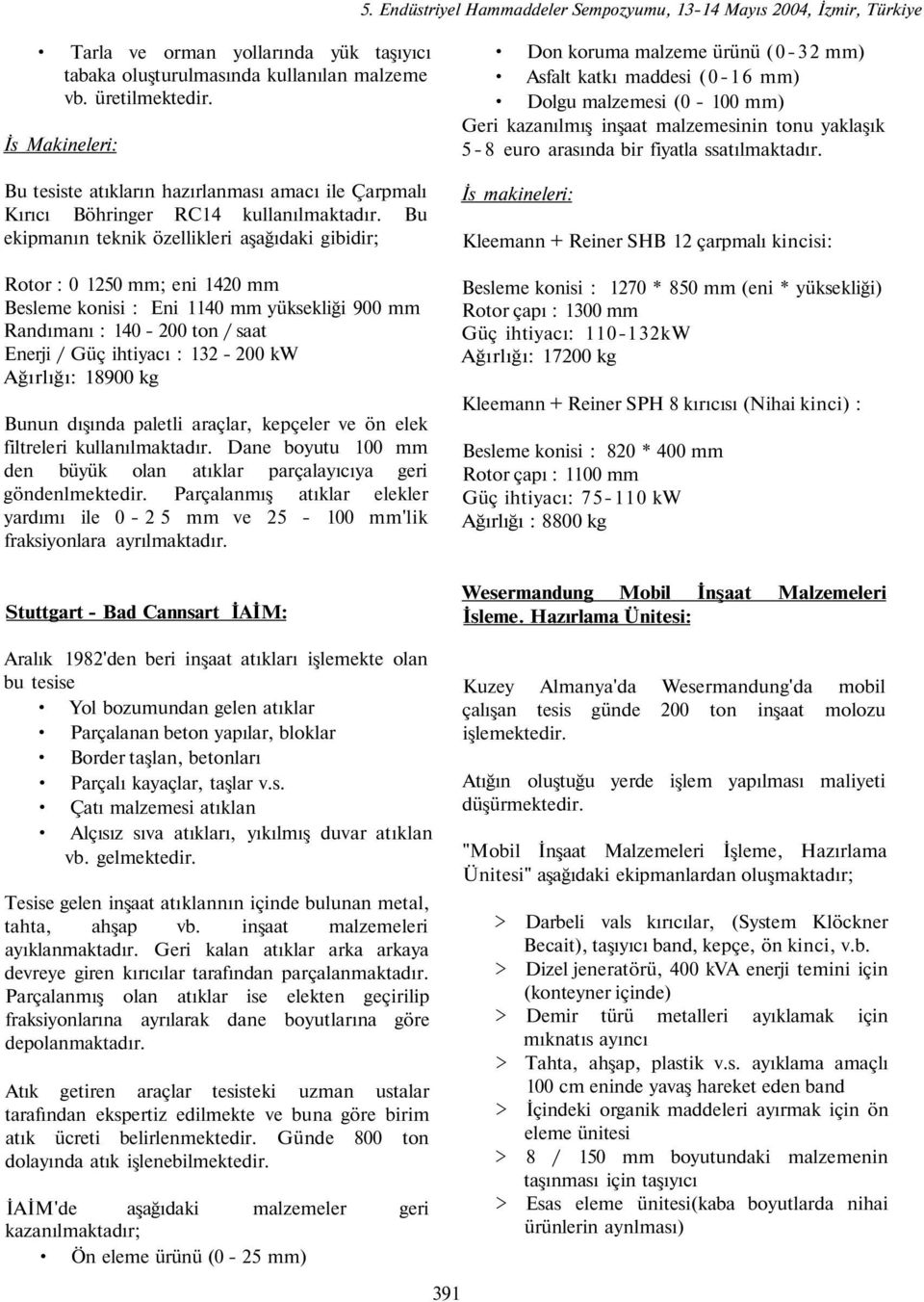 Bu ekipmanın teknik özellikleri aşağıdaki gibidir; Rotor : 0 1250 mm; eni 1420 mm Besleme konisi : Eni 1140 mm yüksekliği 900 mm Randımanı : 140-200 ton / saat Enerji / Güç ihtiyacı : 132-200 kw