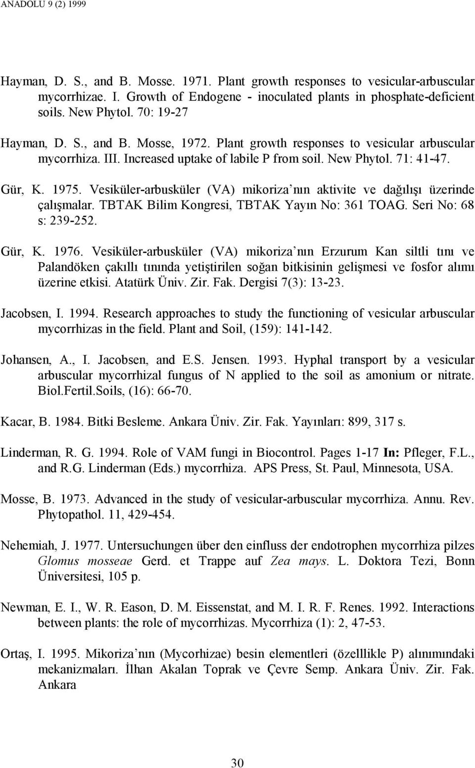 Vesiküler-arbusküler (VA) mikoriza nın aktivite ve dağılışı üzerinde çalışmalar. TBTAK Bilim Kongresi, TBTAK Yayın No: 361 TOAG. Seri No: 68 s: 239-252. Gür, K. 1976.