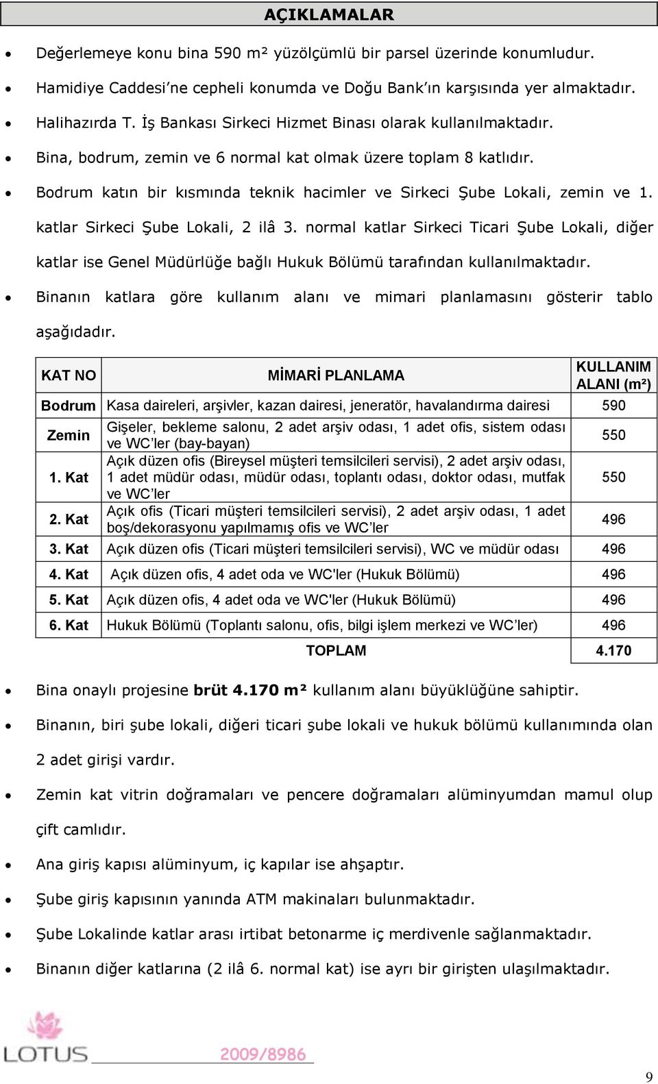 Bodrum katın bir kısmında teknik hacimler ve Sirkeci Şube Lokali, zemin ve 1. katlar Sirkeci Şube Lokali, 2 ilâ 3.