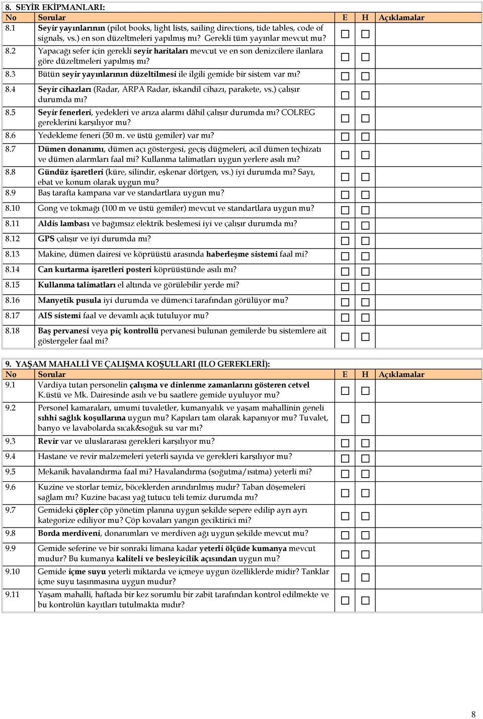 COLREG gereklerini karşılıyor mu? 8.6 Yedekleme feneri (50 m. ve üstü gemiler) var mı? 8.7 Dümen donanımı, dümen açı göstergesi, geçiş düğmeleri, acil dümen teçhizatı ve dümen alarmları faal mi?