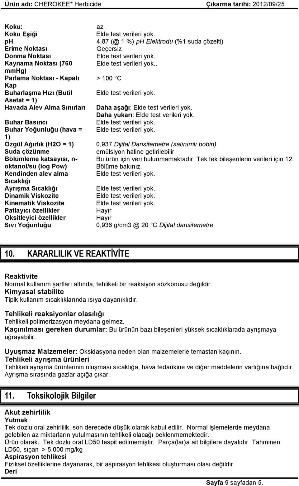 Oksitleyici özellikler Sıvı Yoğunluğu az 4,87 (@ 1 %) ph Elektrodu (%1 suda çözelti) Geçersiz.