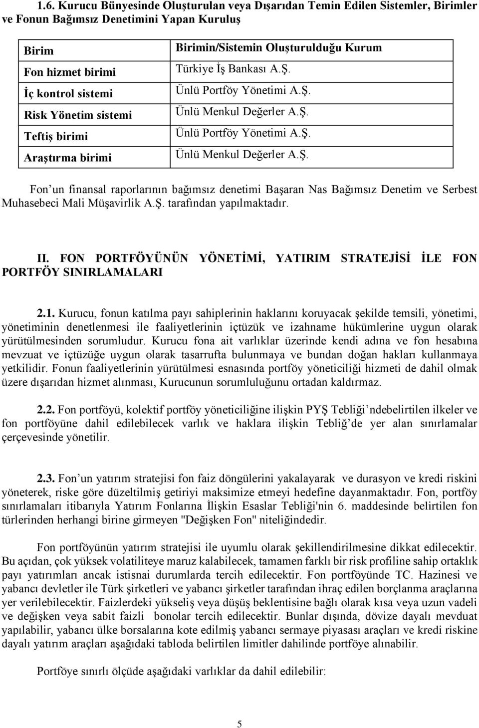 Ünlü Portföy Yönetimi A.Ş. Ünlü Menkul Değerler A.Ş. Ünlü Portföy Yönetimi A.Ş. Ünlü Menkul Değerler A.Ş. Fon un finansal raporlarının bağımsız denetimi Başaran Nas Bağımsız Denetim ve Serbest Muhasebeci Mali Müşavirlik A.