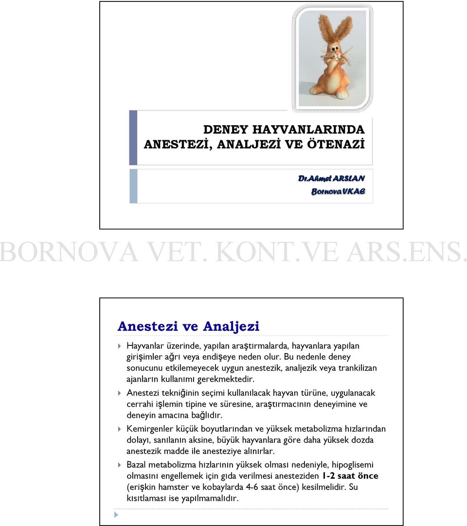 Anestezi tekniğinin seçimi kullanılacak hayvan türüne, uygulanacak cerrahi işlemin tipine ve süresine, araştırmacının deneyimine ve deneyin amacına bağlıdır.