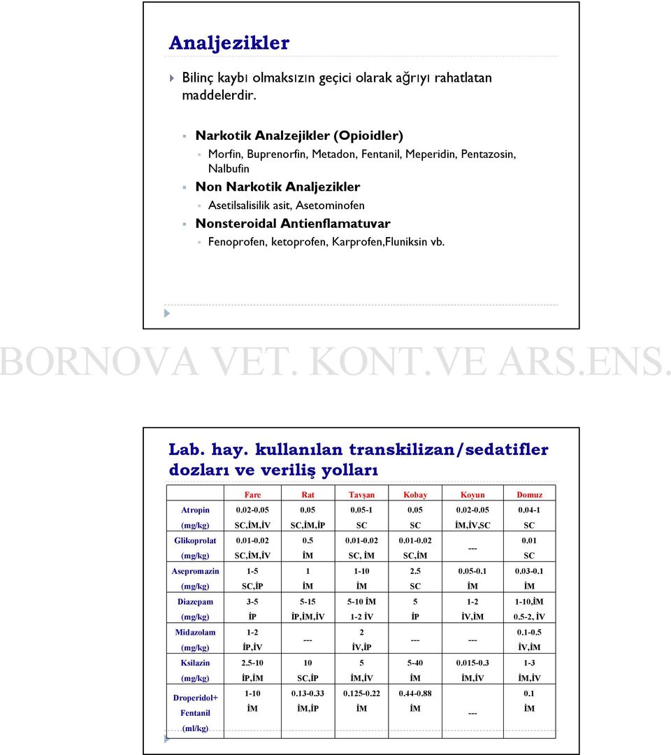 Fenoprofen, ketoprofen, Karprofen,Fluniksin vb. Lab. hay. kullanılan transkilizan/sedatifler dozları ve veriliş yolları Fare Rat Tavşan Kobay Koyun Domuz Atropin 0.02-0.05 0.