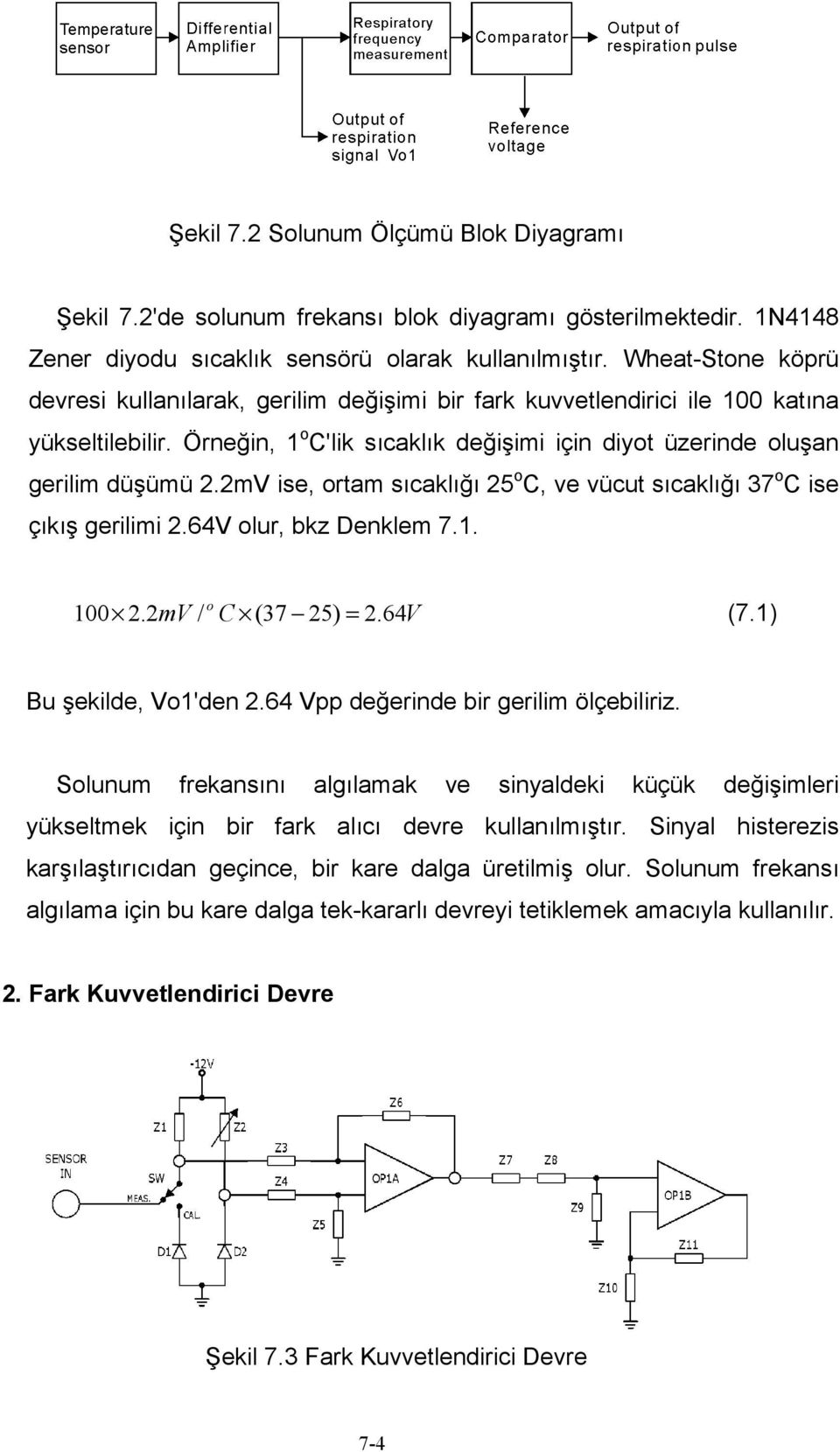 2mV ise, ortam sıcaklığı 25 o C, ve vücut sıcaklığı 37 o C ise çıkış gerilimi 2.64V olur, bkz Denklem 7.1. 100 2.2mV / o C (37 25) = 2. 64V (7.1) Bu şekilde, Vo1'den 2.