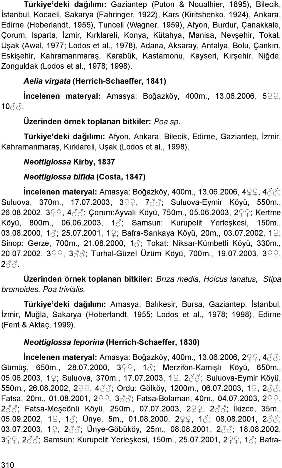 , 1978), Adana, Aksaray, Antalya, Bolu, Çankırı, Eskişehir, Kahramanmaraş, Karabük, Kastamonu, Kayseri, Kırşehir, Niğde, Zonguldak (Lodos et al., 1978; 1998).