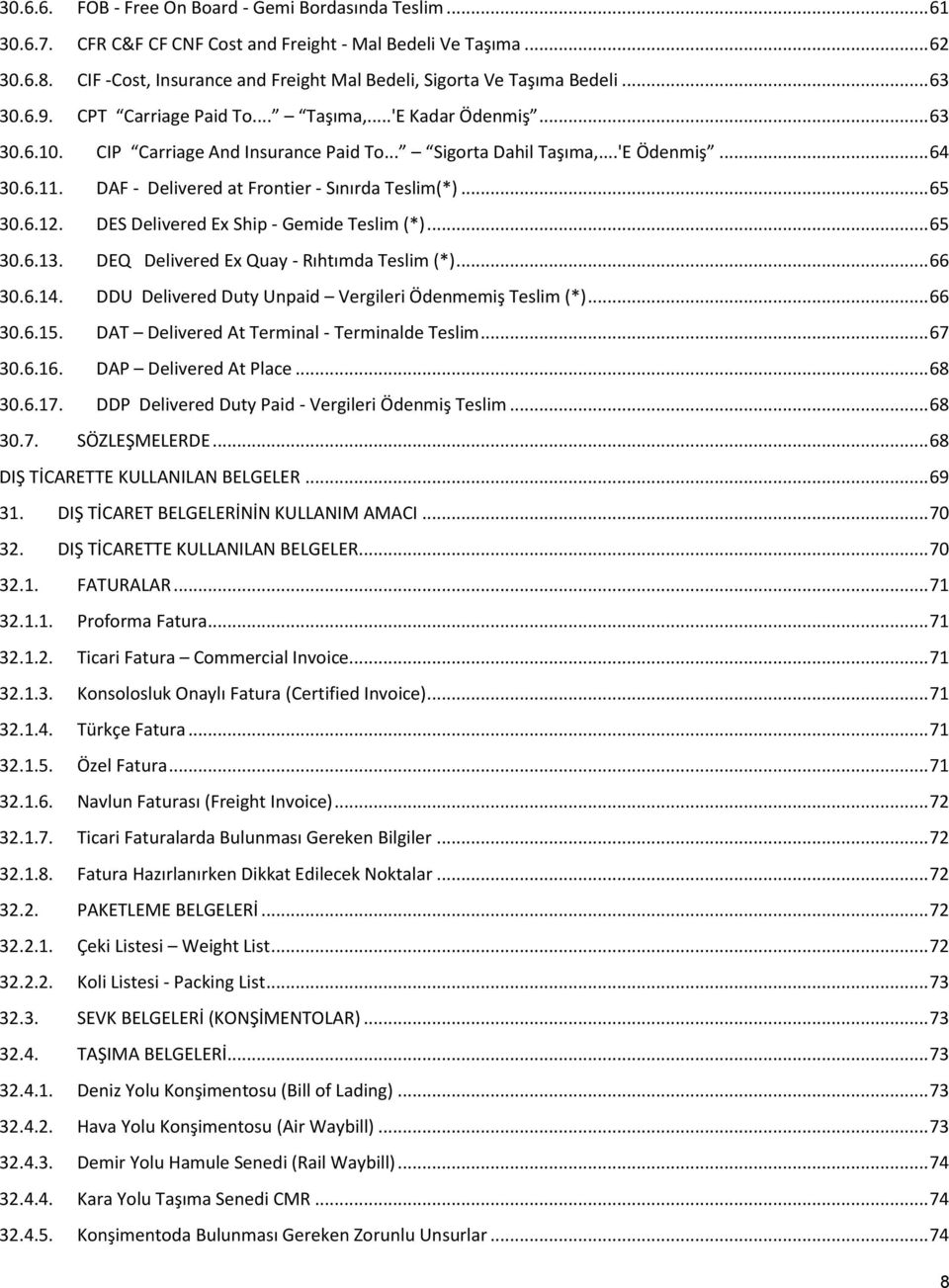 .. Sigrta Dahil Taşıma,...'E Ödenmiş... 64 30.6.11. DAF - Delivered at Frntier - Sınırda Teslim(*)... 65 30.6.12. DES Delivered Ex Ship - Gemide Teslim (*)... 65 30.6.13.
