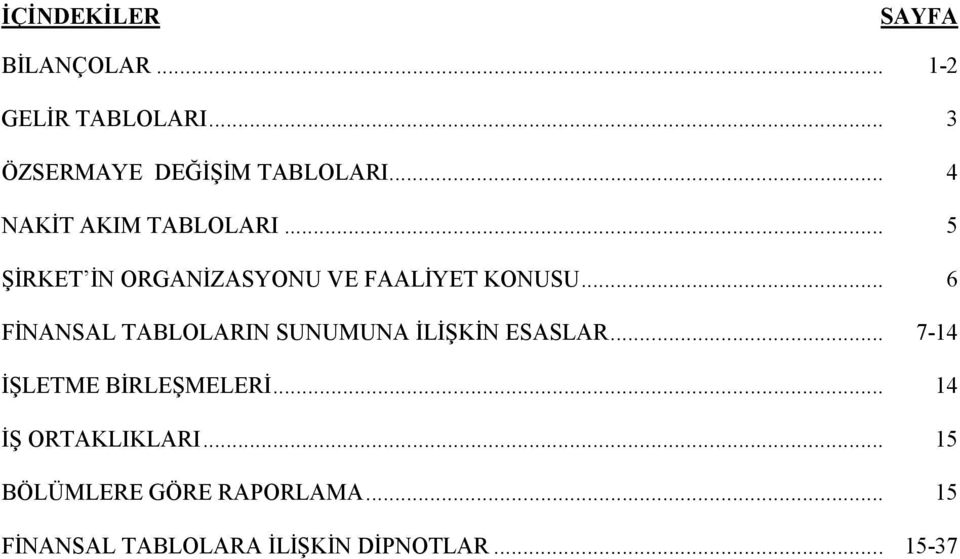 .. 6 FĐNANSAL TABLOLARIN SUNUMUNA ĐLĐŞKĐN ESASLAR... 7-14 ĐŞLETME BĐRLEŞMELERĐ.