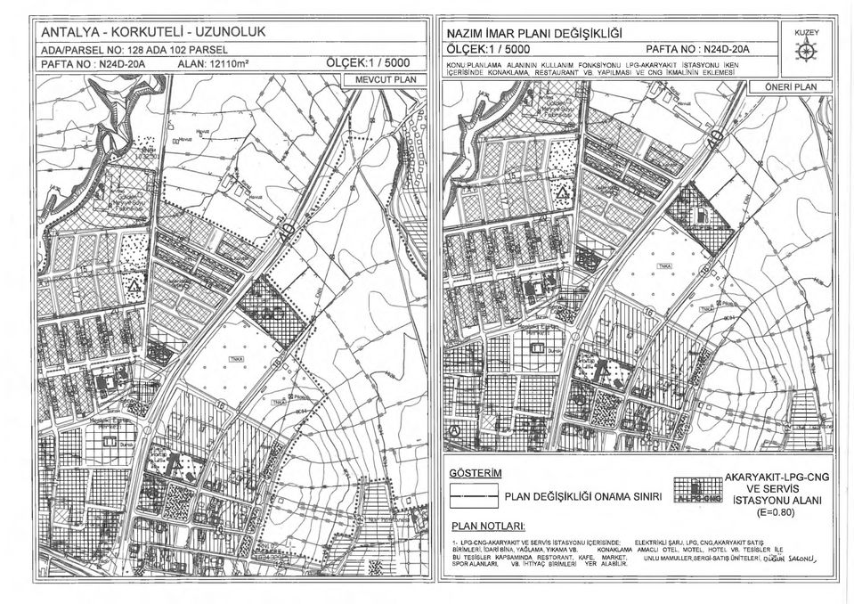 80) PLAN NOTLARI: 1- LPO-CNG-AKARYAKIT VE SERVİS İSTASYONU İÇERİSİNDE; ELEKTRİKLİ ŞARJ, LPG, CNG,AKARYAKIT SATIŞ BİRİMLERİ, İDARİ BİNA, YAĞLAMA, YIKAMA VB.