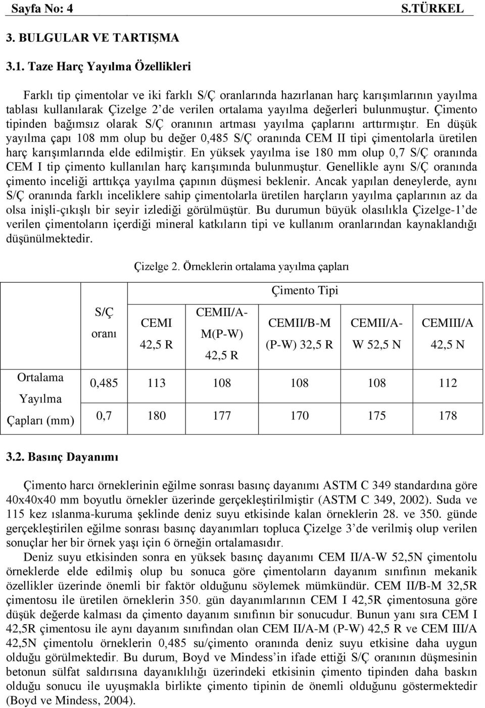 bulunmuştur. Çimento tipinden bağımsız olarak S/Ç oranının artması yayılma çaplarını arttırmıştır.