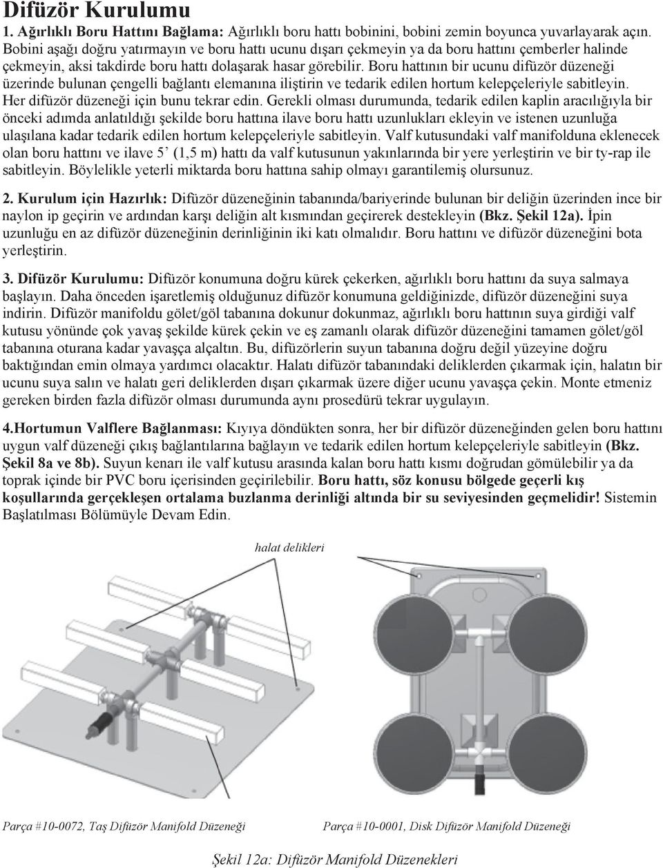 Boru hattının bir ucunu difüzör düzeneği üzerinde bulunan çengelli bağlantı elemanına iliştirin ve tedarik edilen hortum kelepçeleriyle sabitleyin. Her difüzör düzeneği için bunu tekrar edin.