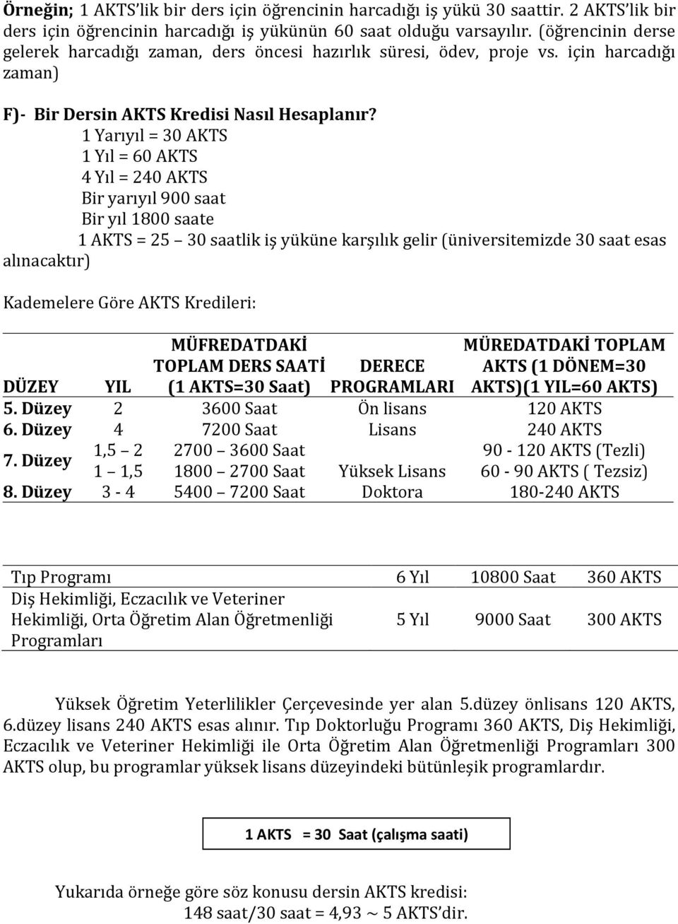 1 Yarıyıl = 30 AKTS 1 Yıl = 60 AKTS 4 Yıl = 240 AKTS Bir yarıyıl 900 saat Bir yıl 1800 saate 1 AKTS = 25 30 saatlik iş yüküne karşılık gelir (üniversitemizde 30 saat esas alınacaktır) Kademelere Göre