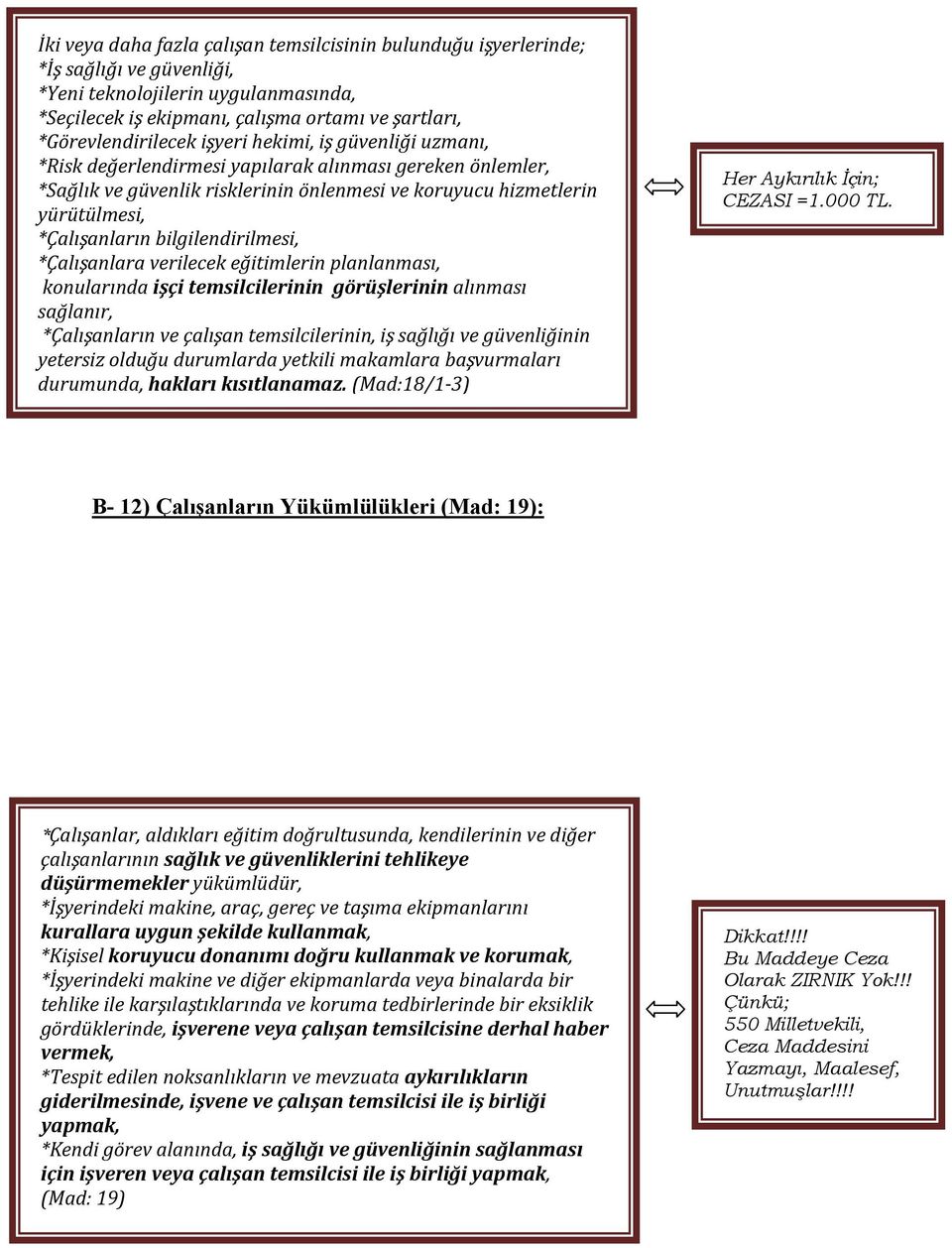 bilgilendirilmesi, *Çalışanlara verilecek eğitimlerin planlanması, konularında işçi temsilcilerinin görüşlerinin alınması sağlanır, *Çalışanların ve çalışan temsilcilerinin, iş sağlığı ve