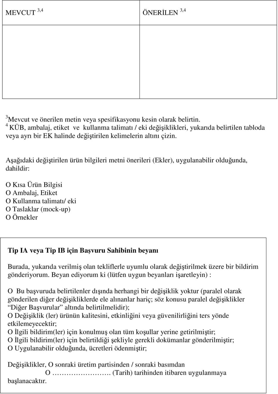 Aşağıdaki değiştirilen ürün bilgileri metni önerileri (Ekler), uygulanabilir olduğunda, dahildir: O Kısa Ürün Bilgisi O Ambalaj, Etiket O Kullanma talimatı/ eki O Taslaklar (mock-up) O Örnekler Tip