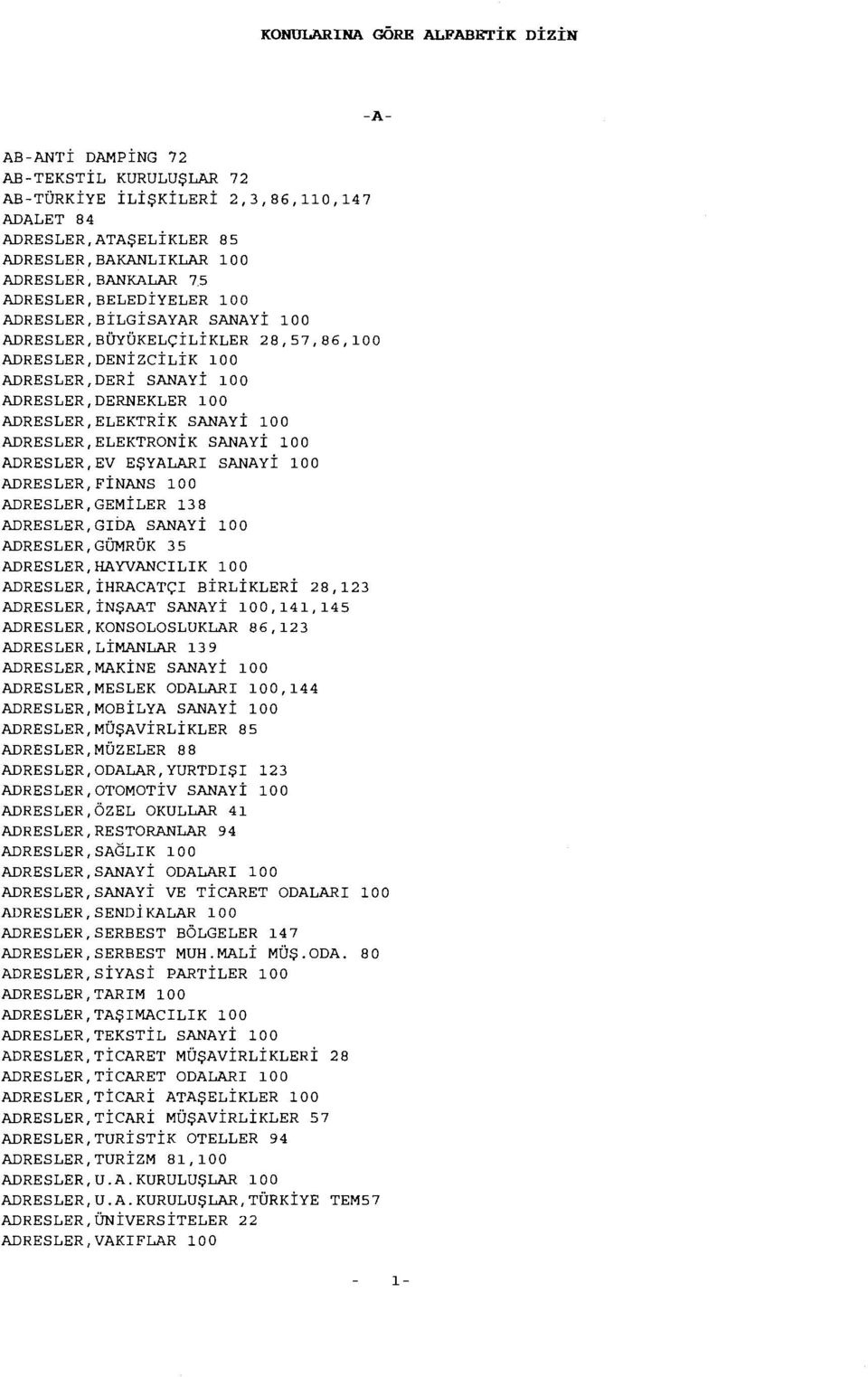 ADRESLER,ELEKTRONİK SANAYİ 100 ADRESLER,EV EŞYALARI SANAYİ 100 ADRESLER,FİNANS 100 ADRESLER,GEMİLER 138 ADRESLER,GIDA SANAYİ 100 ADRESLER,GÜMRÜK 35 ADRESLER,HAYVANCILIK 100 ADRESLER,İHRACATÇI