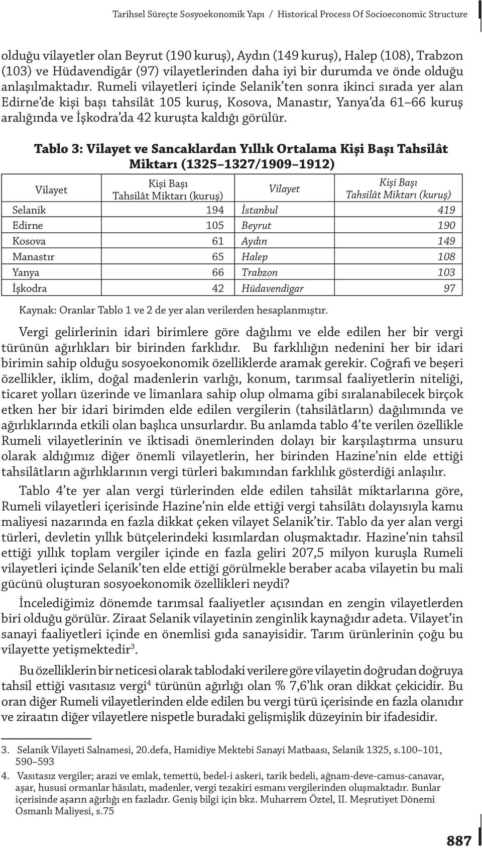 Rumeli vilayetleri içinde Selanik ten sonra ikinci sırada yer alan Edirne de kişi başı tahsilât 105 kuruş, Kosova, Manastır, Yanya da 61 66 kuruş aralığında ve İşkodra da 42 kuruşta kaldığı görülür.