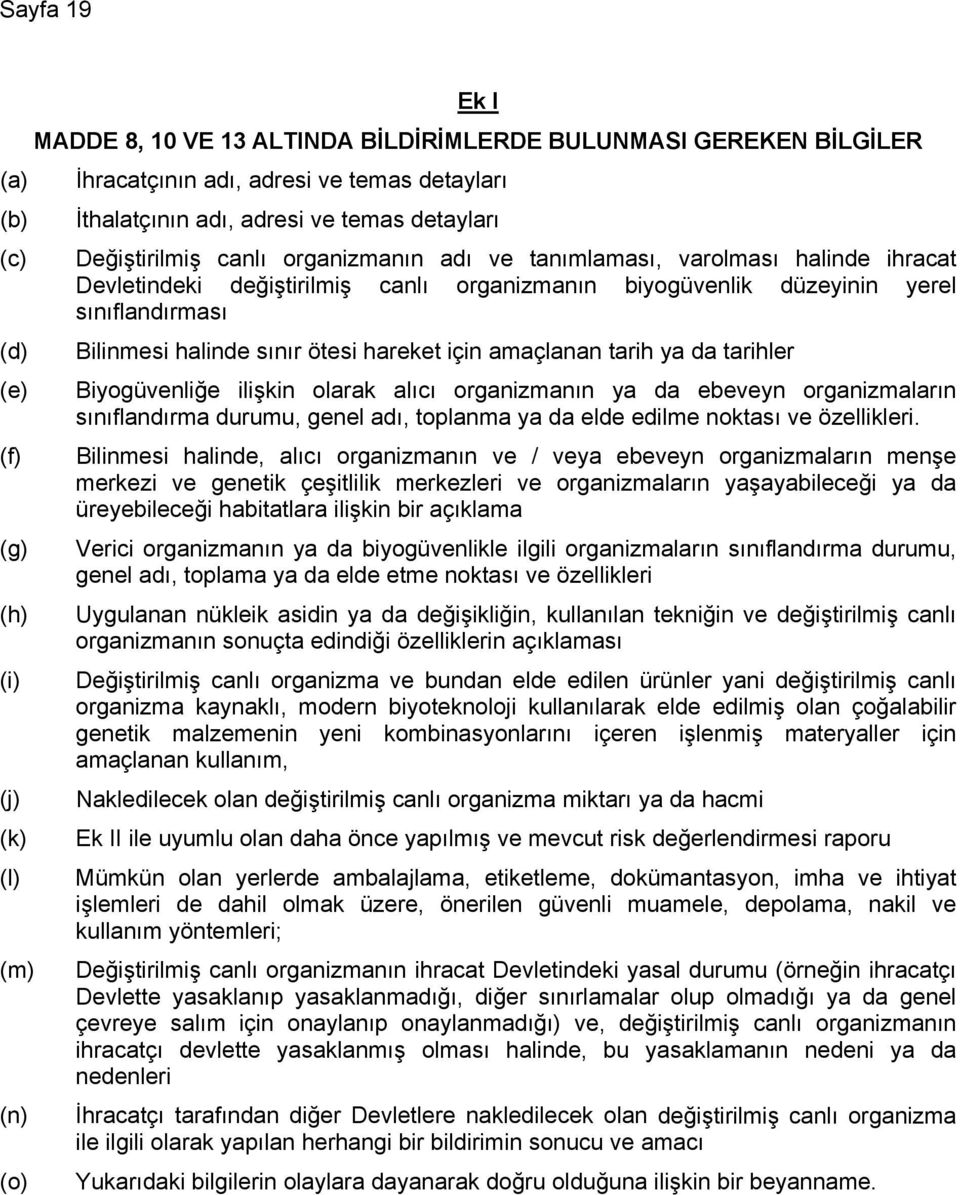 sınıflandırması Bilinmesi halinde sınır ötesi hareket için amaçlanan tarih ya da tarihler Biyogüvenliğe ilişkin olarak alıcı organizmanın ya da ebeveyn organizmaların sınıflandırma durumu, genel adı,