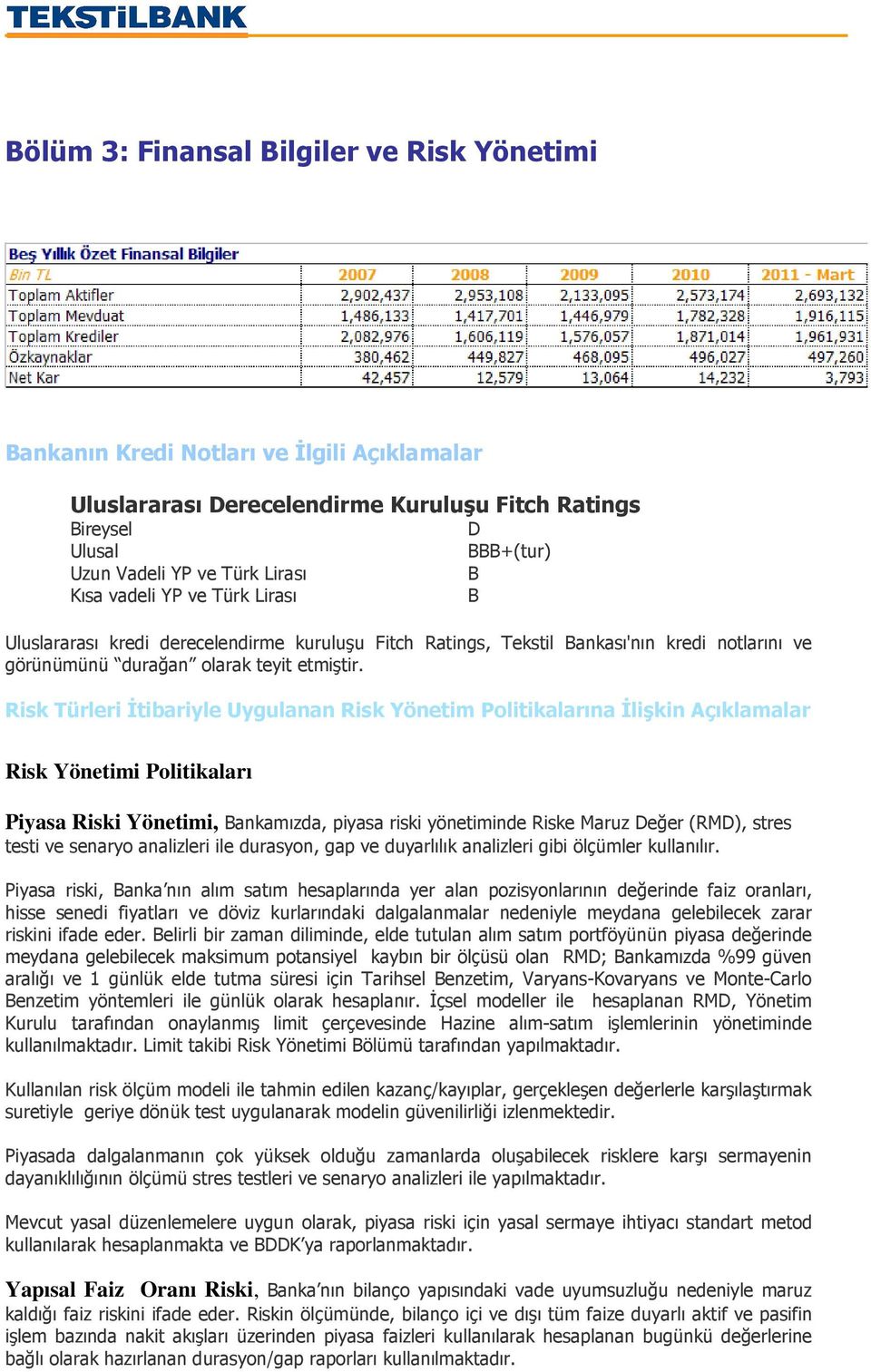 Risk Türleri Đtibariyle Uygulanan Risk Yönetim Politikalarına Đlişkin Açıklamalar Risk Yönetimi Politikaları Piyasa Riski Yönetimi, Bankamızda, piyasa riski yönetiminde Riske Maruz Değer (RMD), stres