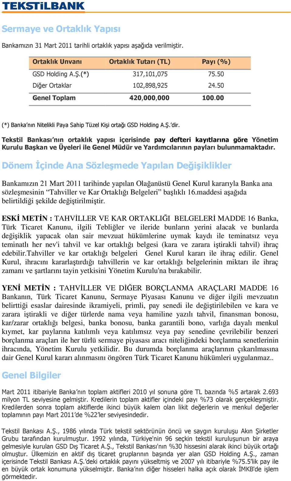 Tekstil Bankası nın ortaklık yapısı içerisinde pay defteri kayıtlarına göre Yönetim Kurulu Başkan ve Üyeleri ile Genel Müdür ve Yardımcılarının payları bulunmamaktadır.