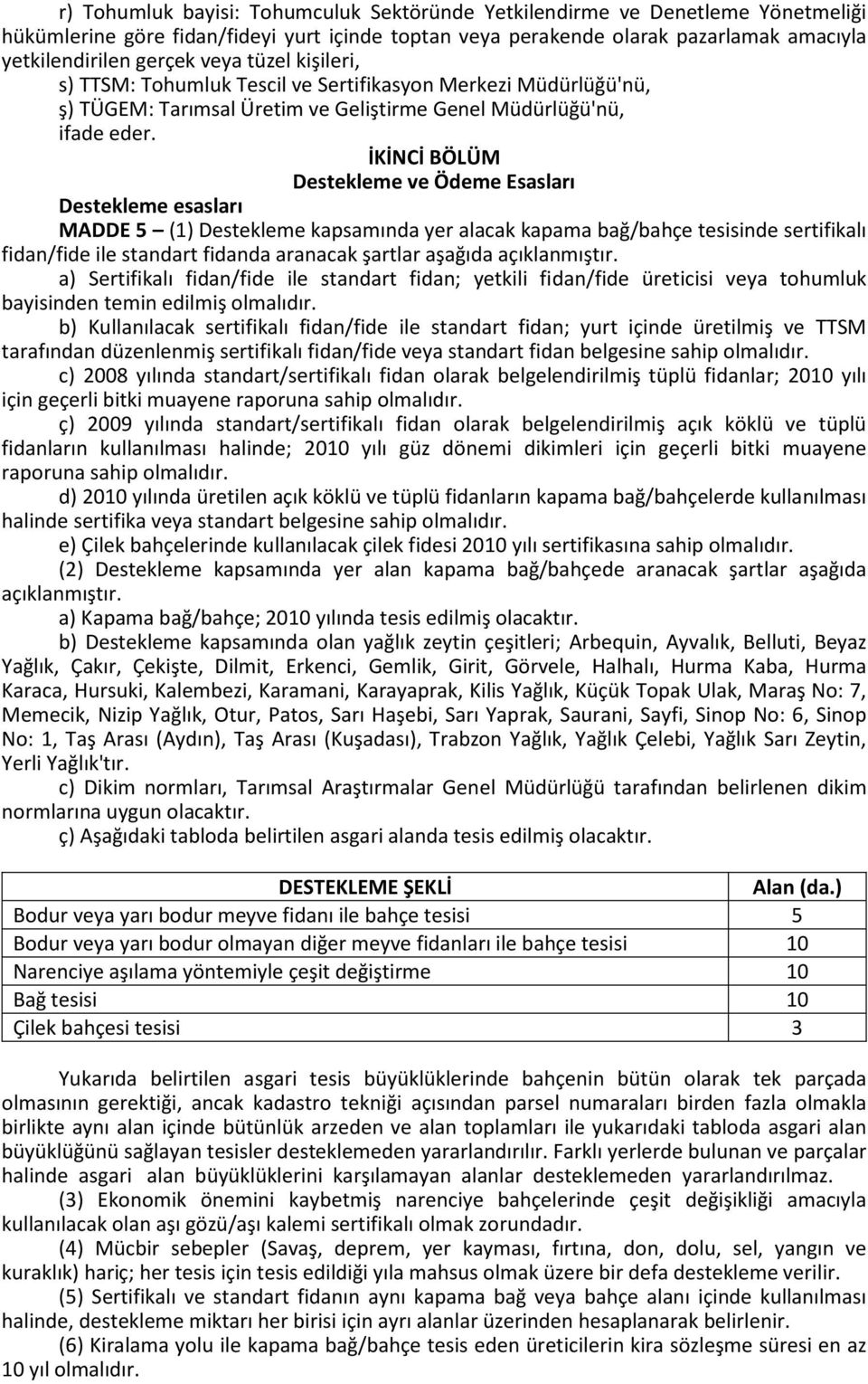 İKİNCİ BÖLÜM Destekleme ve Ödeme Esasları Destekleme esasları MADDE 5 (1) Destekleme kapsamında yer alacak kapama bağ/bahçe tesisinde sertifikalı fidan/fide ile standart fidanda aranacak şartlar