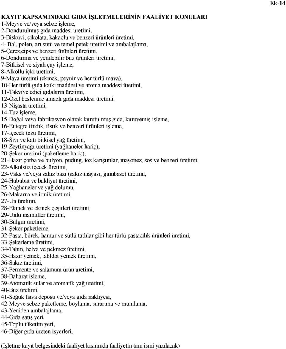 üretimi, 9-Maya üretimi (ekmek, peynir ve her türlü maya), 10-Her türlü gıda katkı maddesi ve aroma maddesi üretimi, 11-Takviye edici gıdaların üretimi, 12-Özel beslenme amaçlı gıda maddesi üretimi,