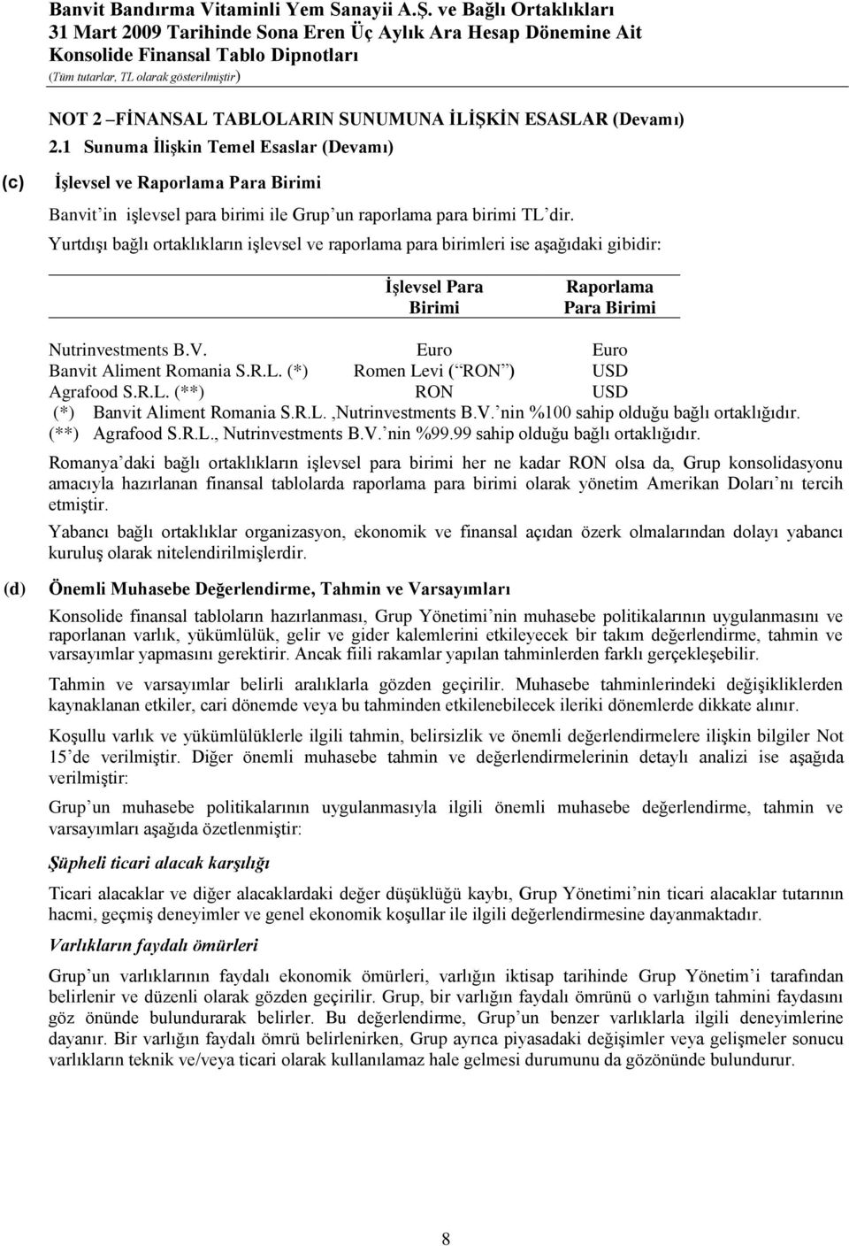 YurtdıĢı bağlı ortaklıkların iģlevsel ve raporlama para birimleri ise aģağıdaki gibidir: ĠĢlevsel Para Birimi Raporlama Para Birimi Nutrinvestments B.V. Euro Euro Banvit Aliment Romania S.R.L.