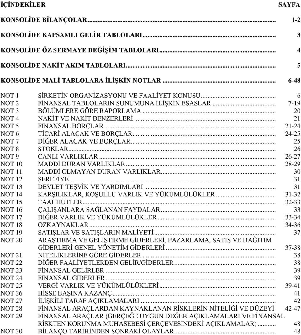 .. 20 NOT 4 NAKĠT VE NAKĠT BENZERLERĠ... 21 NOT 5 FĠNANSAL BORÇLAR... 21-24 NOT 6 TĠCARĠ ALACAK VE BORÇLAR... 24-25 NOT 7 DĠĞER ALACAK VE BORÇLAR... 25 NOT 8 STOKLAR...... 26 NOT 9 CANLI VARLIKLAR.