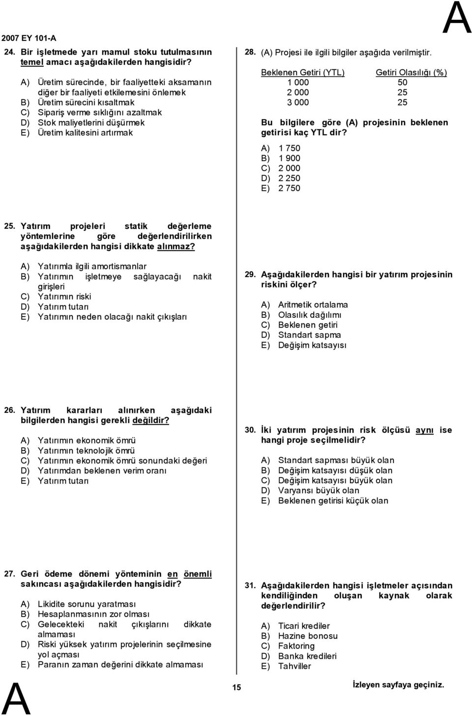 azaltmak D) Stok maliyetlerini düşürmek E) Üretim kalitesini artırmak 28. () Projesi ile ilgili bilgiler aşağıda verilmiştir.