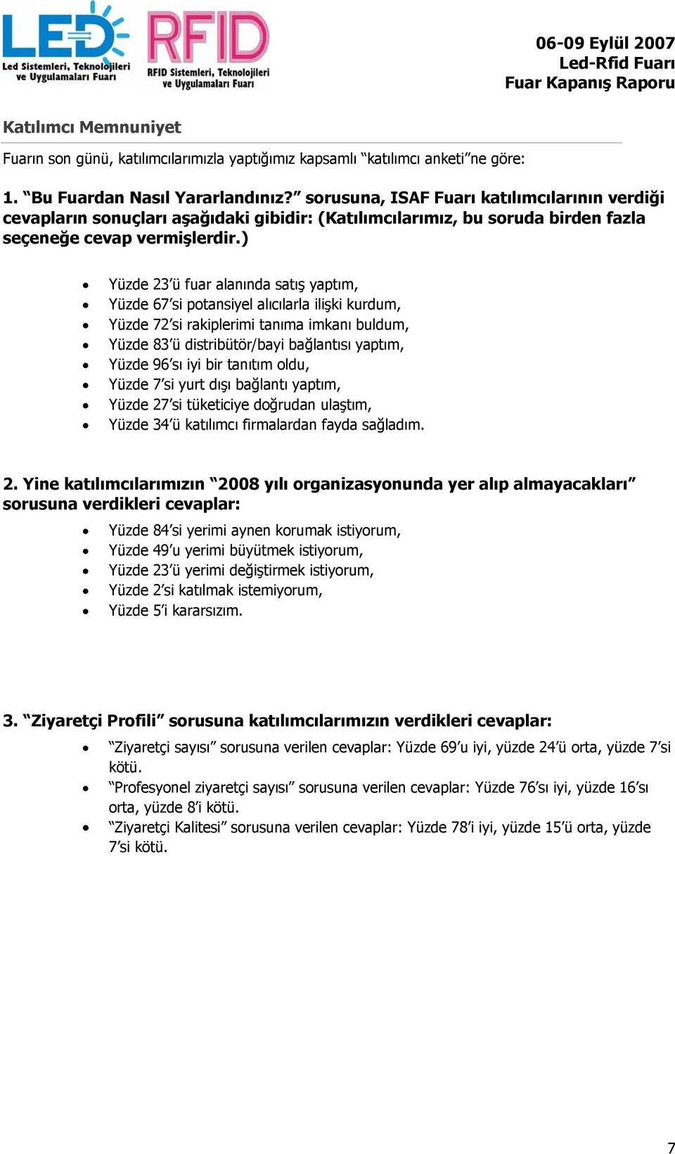 ) Yüzde 23 ü fuar alanında satış yaptım, Yüzde 67 si potansiyel alıcılarla ilişki kurdum, Yüzde 72 si rakiplerimi tanıma imkanı buldum, Yüzde 83 ü distribütör/bayi bağlantısı yaptım, Yüzde 96 sı iyi