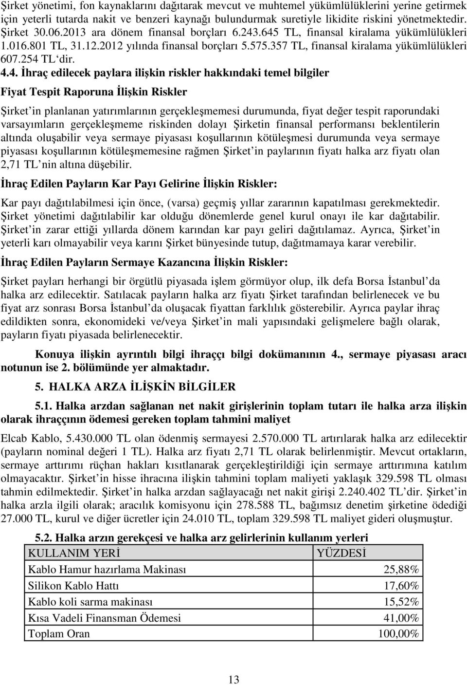 254 TL dir. 4.4. İhraç edilecek paylara ilişkin riskler hakkındaki temel bilgiler Fiyat Tespit Raporuna İlişkin Riskler Şirket in planlanan yatırımlarının gerçekleşmemesi durumunda, fiyat değer