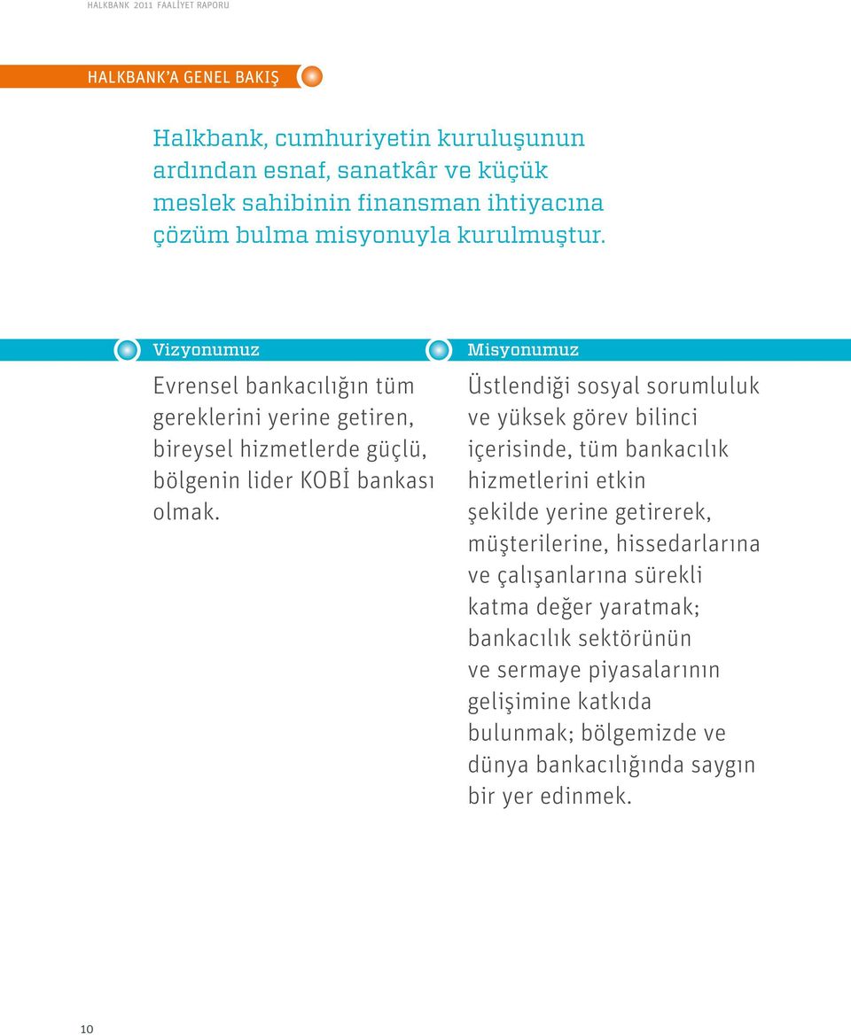 Misyonumuz Üstlendiği sosyal sorumluluk ve yüksek görev bilinci içerisinde, tüm bankacılık hizmetlerini etkin şekilde yerine getirerek, müşterilerine, hissedarlarına ve