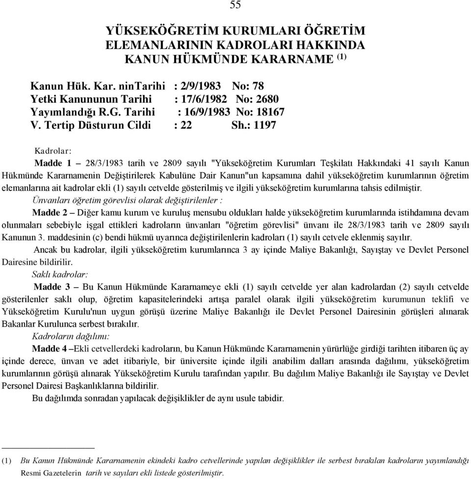 : 1197 Kadrolar: Madde 1 28/3/1983 tarih ve 2809 sayılı "Yükseköğretim Kurumları Teşkilatı Hakkındaki 41 sayılı Kanun Hükmünde Kararnamenin Değiştirilerek Kabulüne Dair Kanun"un kapsamına dahil