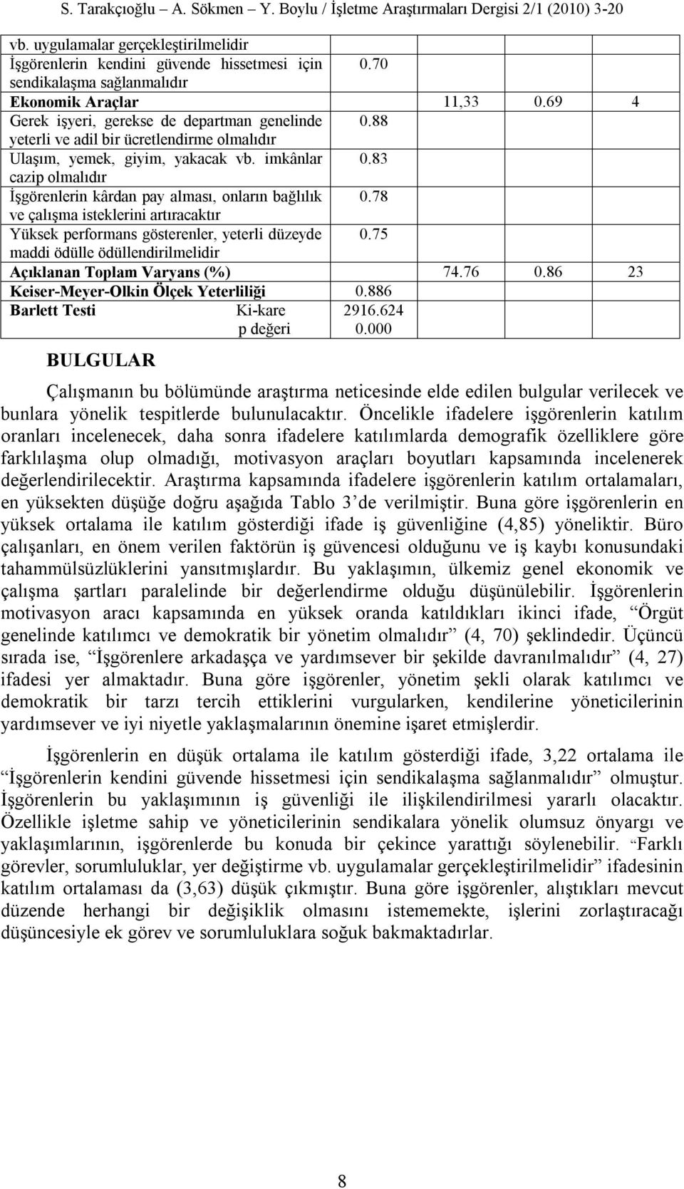 83 cazip olmalıdır İşgörenlerin kârdan pay alması, onların bağlılık 0.78 ve çalışma isteklerini artıracaktır Yüksek performans gösterenler, yeterli düzeyde 0.